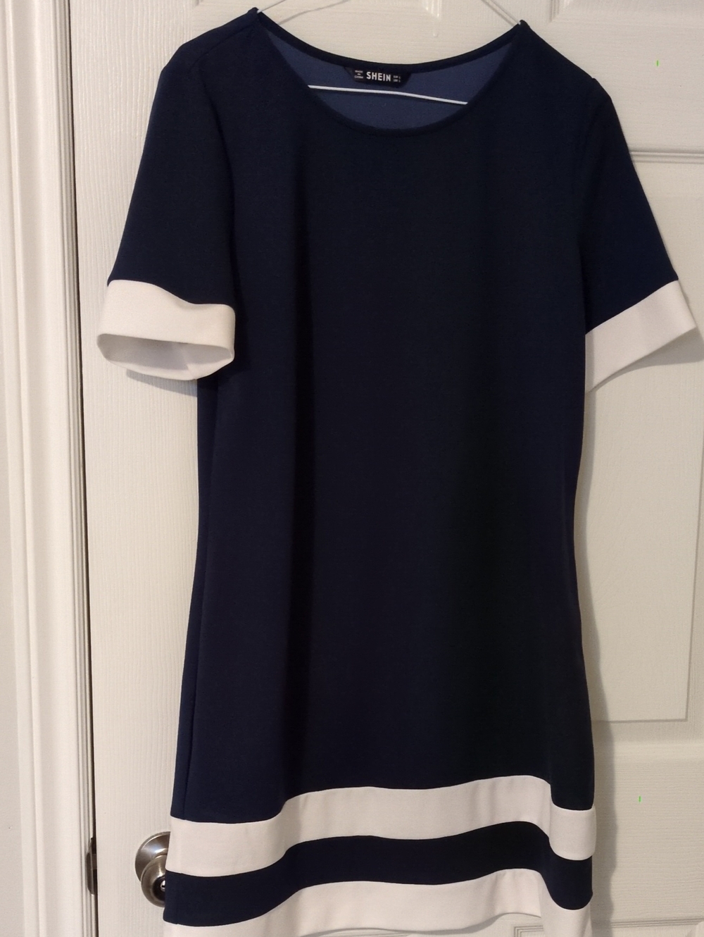 SHEIN Navy Dress with White Sleeve and Hem Bands